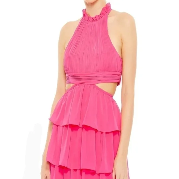 Mac Duggal tiered ruffle pleated halter gown with cutout in hot pink size 4 - Picture 3 of 8